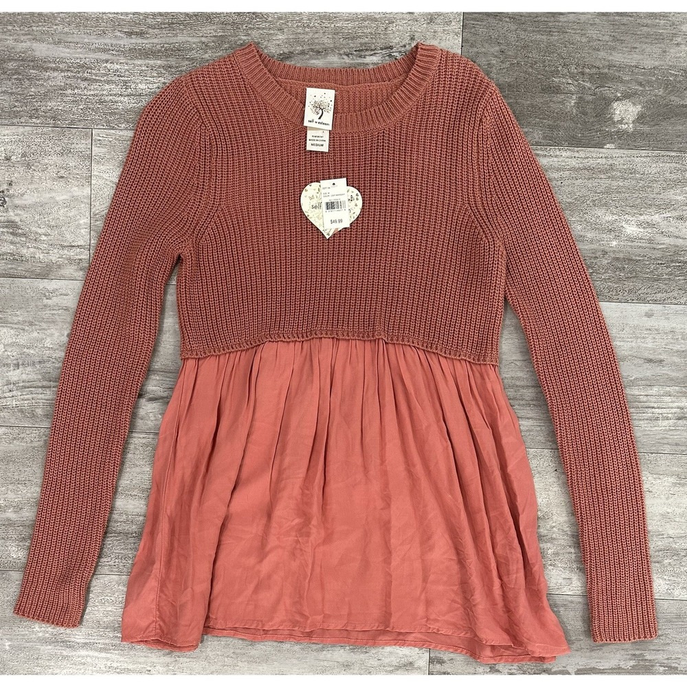 Self-esteem Mauve knit & sheer ruffle bottom tunic long sleeve Size M Brand New